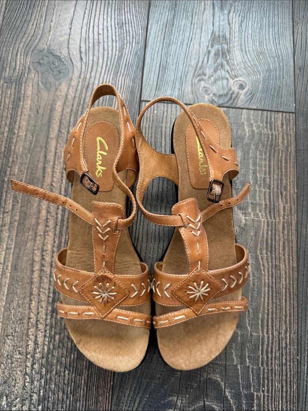 Clarks Brown Leather Embroidered Slingback Sandals